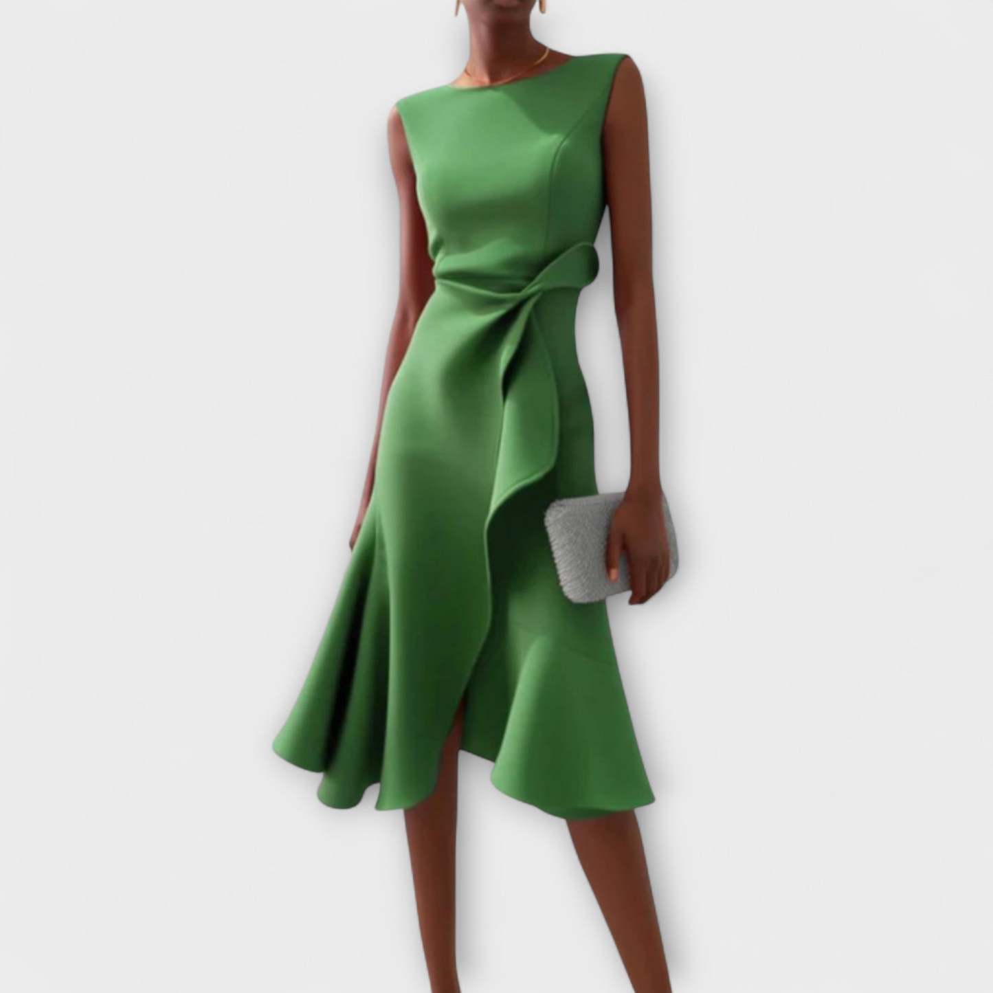 Green draped midi dress with side drape and midi length hem