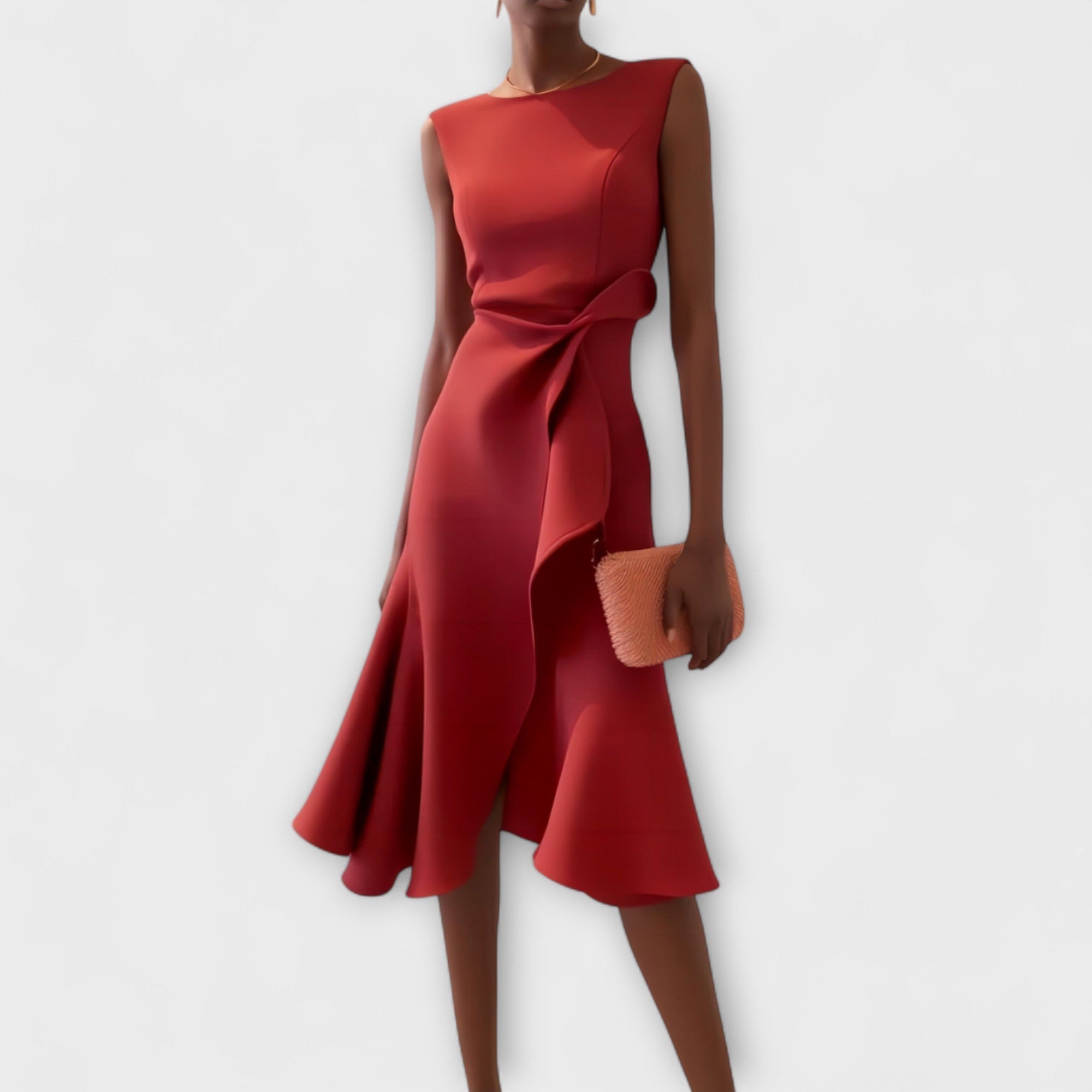 Red draped midi dress with sleeveless design and side tie detail