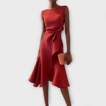 Red draped midi dress with sleeveless design and side tie detail