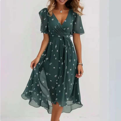 Forest green wrap midi dress with small white leaf pattern and tie waist