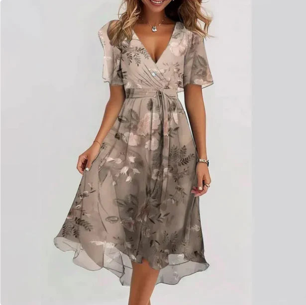Taupe wrap midi dress with gray botanical leaf print and short sleeves
