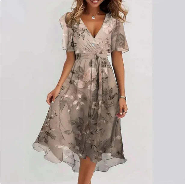 Taupe wrap midi dress with gray botanical leaf print and short sleeves