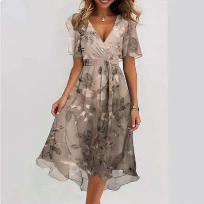 Taupe wrap midi dress with gray botanical leaf print and short sleeves