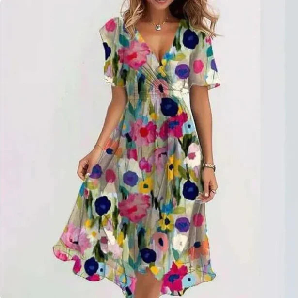 Cream wrap midi dress with vibrant multicolor floral and polka dot pattern