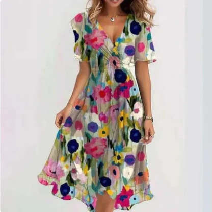 Cream wrap midi dress with vibrant multicolor floral and polka dot pattern