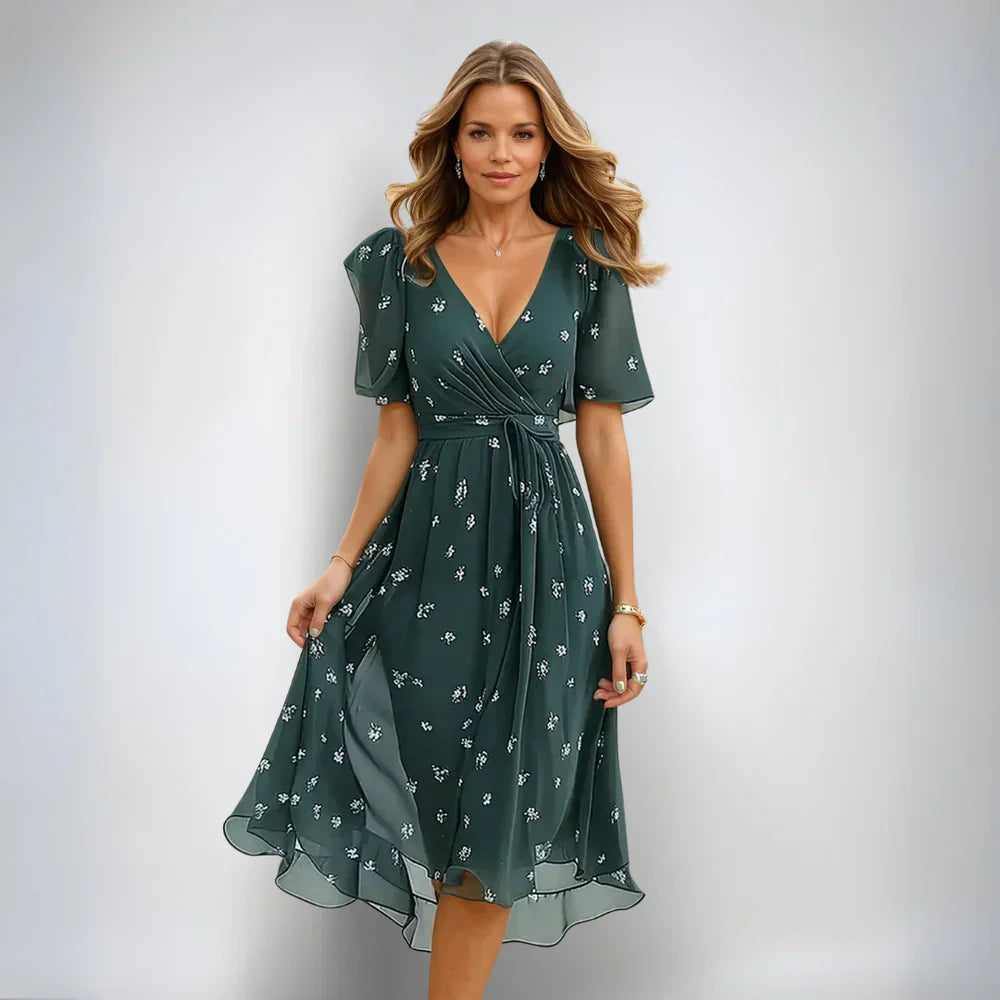Dark green wrap midi dress with white floral print and short sleeves