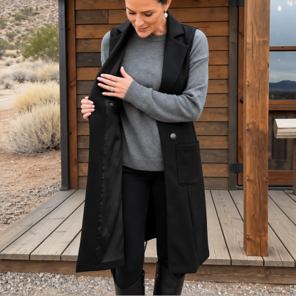 Elin Long Double-Breasted Faux Suede Vest - Black