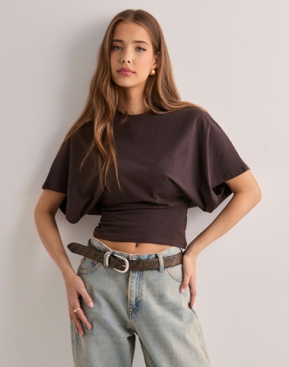 Soft pink batwing crop top with short flutter sleeves, front view