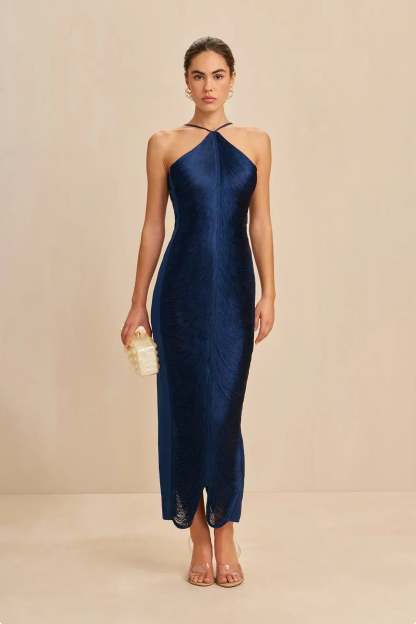 Eliora Halter Satin Maxi Dress - Navy Blue