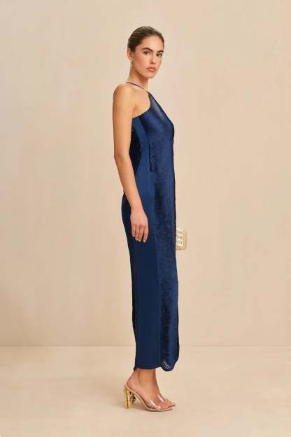 Eliora Halter Satin Maxi Dress - Navy Blue