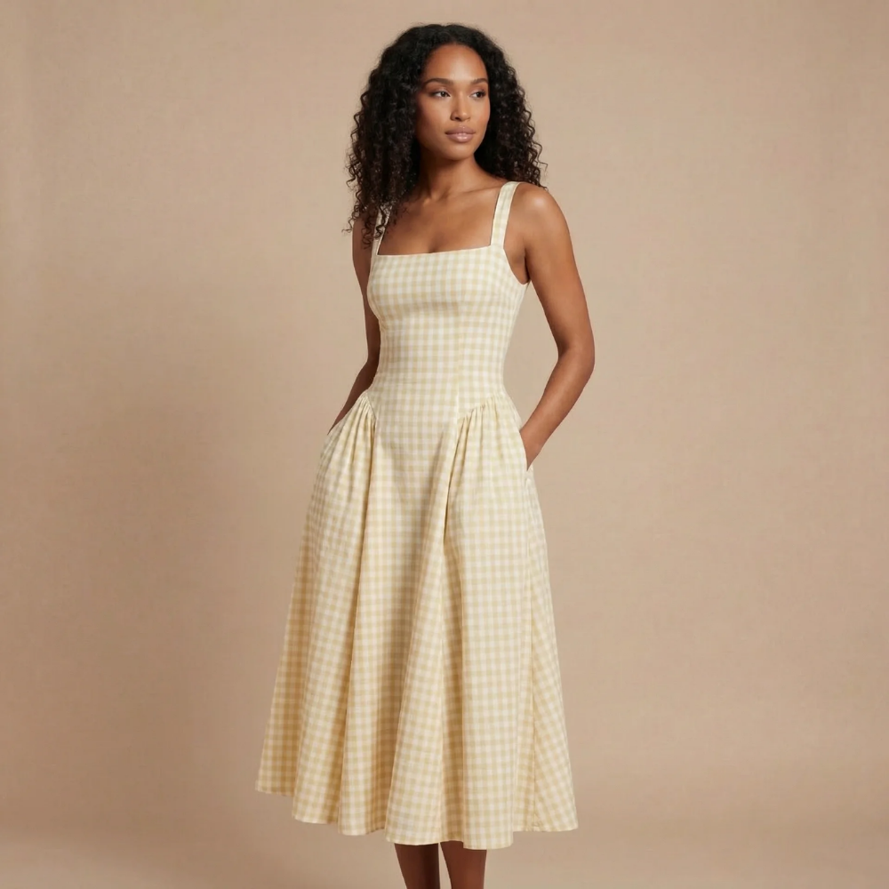 Cream gingham midi dress with fitted bodice and side pockets for women