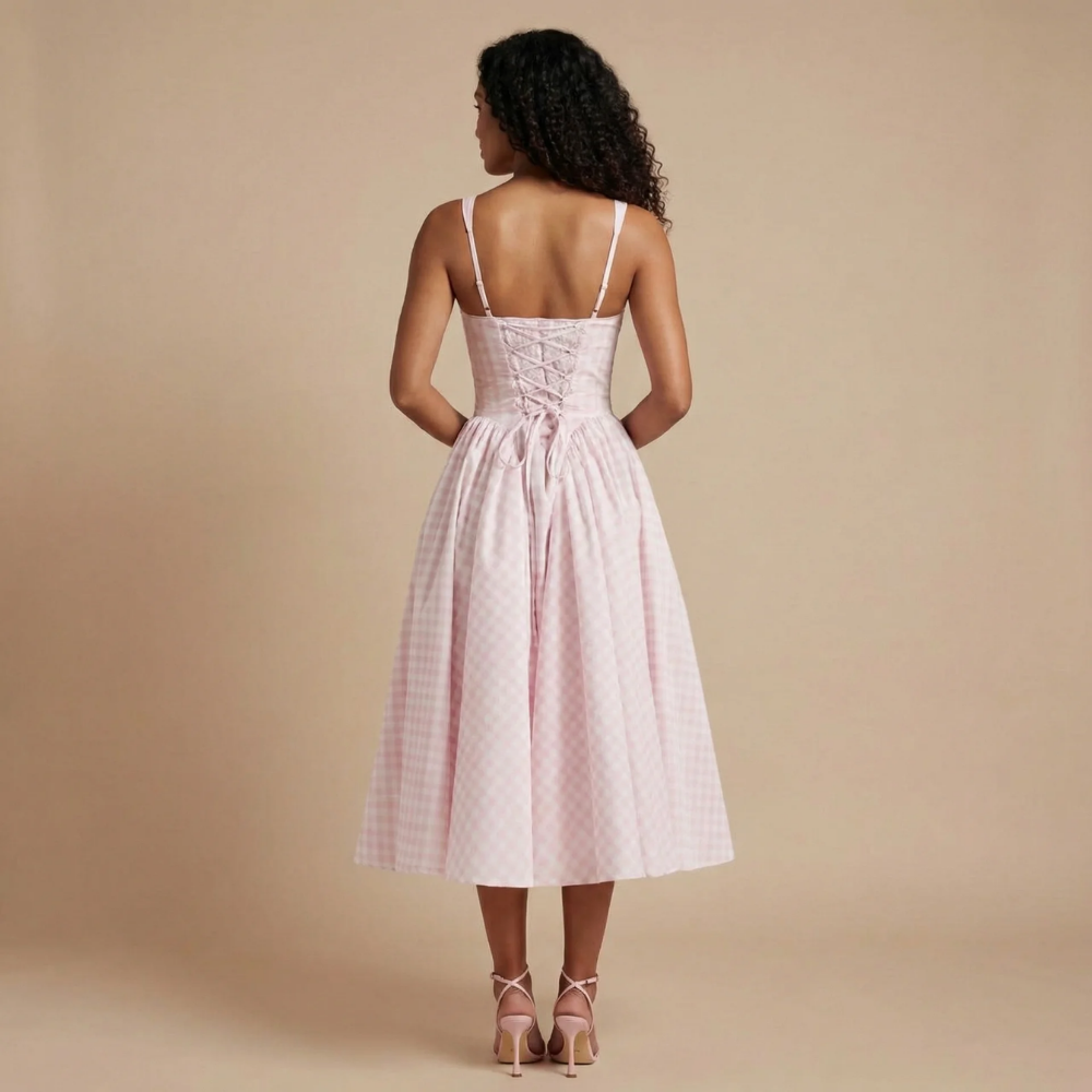 Pink gingham midi dress showing lace-up corset back detail for women