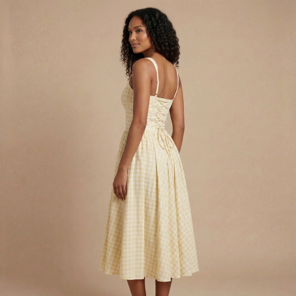Cream gingham corset midi dress with A-line skirt and back lacing for women
