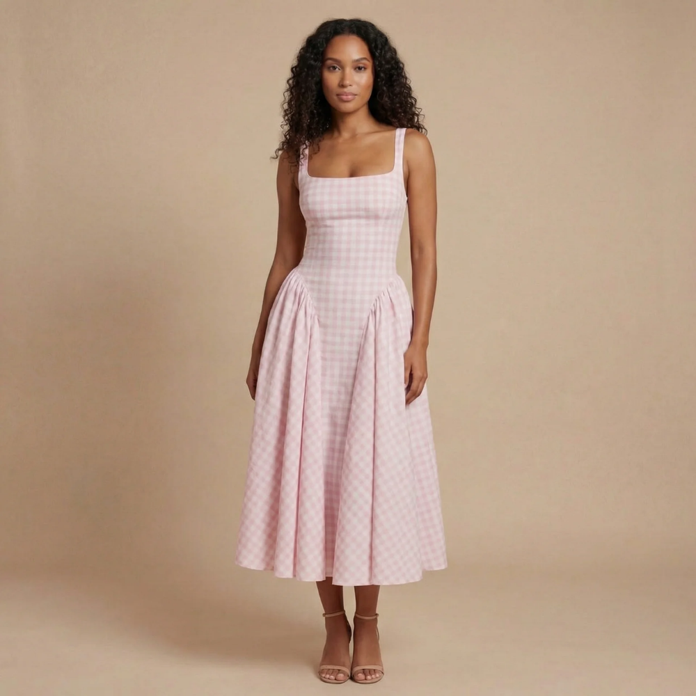 Pink gingham square neck midi dress with A-line skirt for women