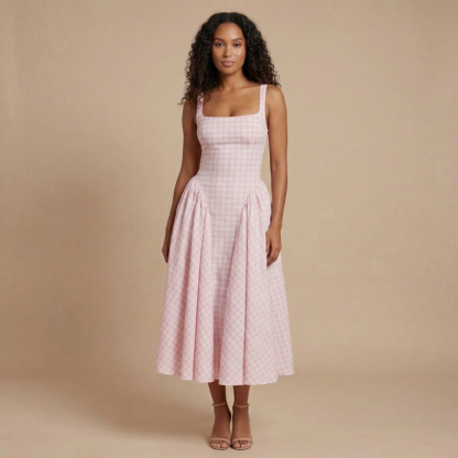 Pink gingham square neck midi dress with A-line skirt for women