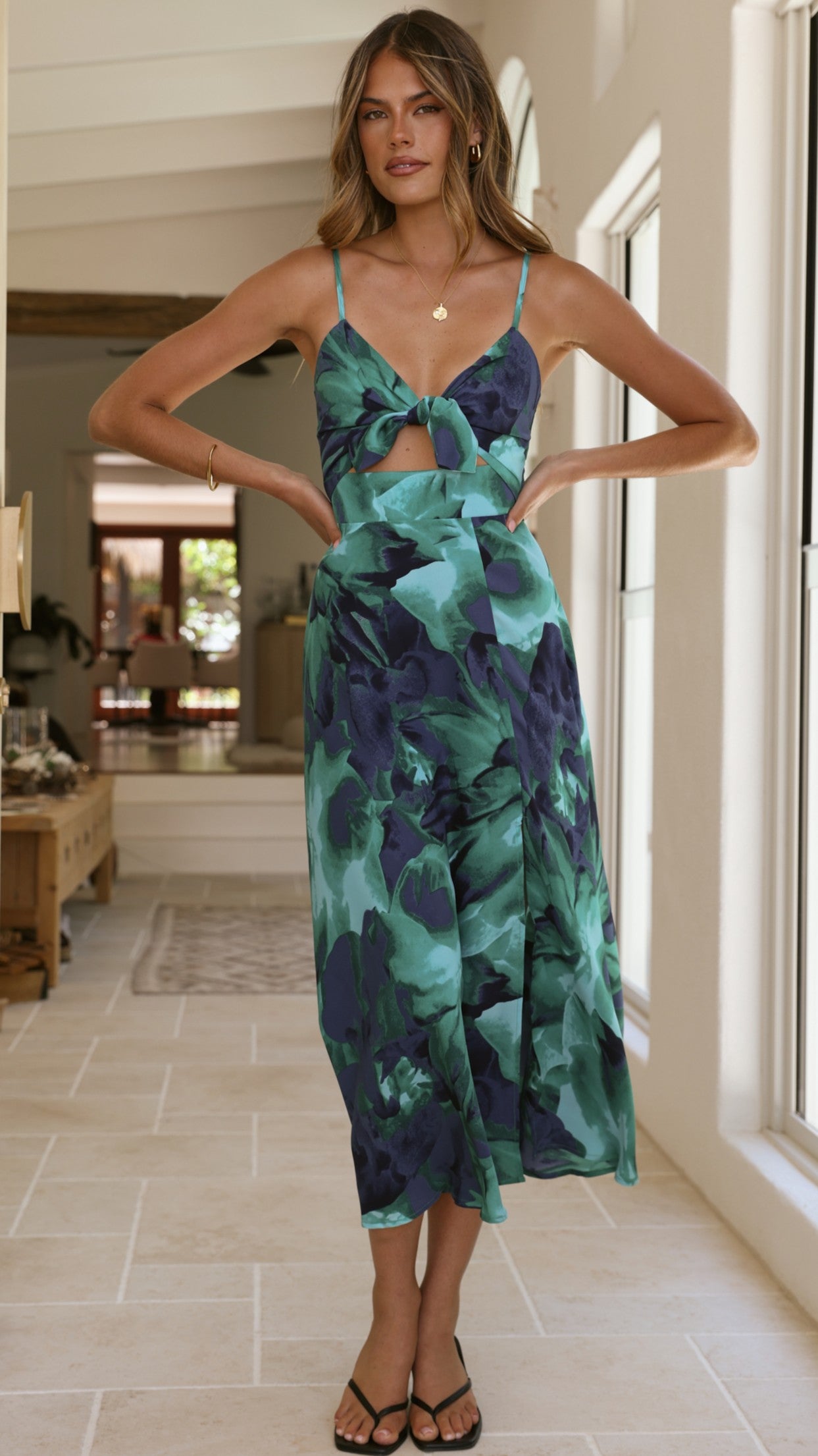 Navy and mint leaf-print midi dress with tie-front cutout and side slit