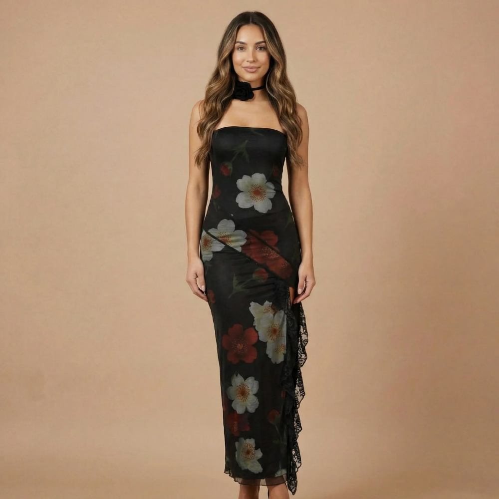 Black strapless maxi dress with white and red floral print and lace ruffle trim