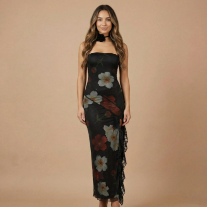 Black strapless maxi dress with white and red floral print and lace ruffle trim
