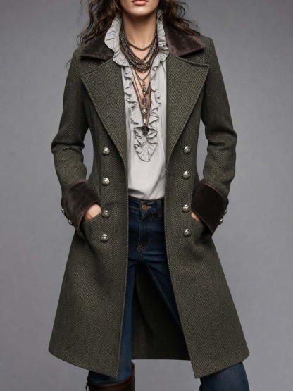 Emberly Herringbone Military Coat - Olive