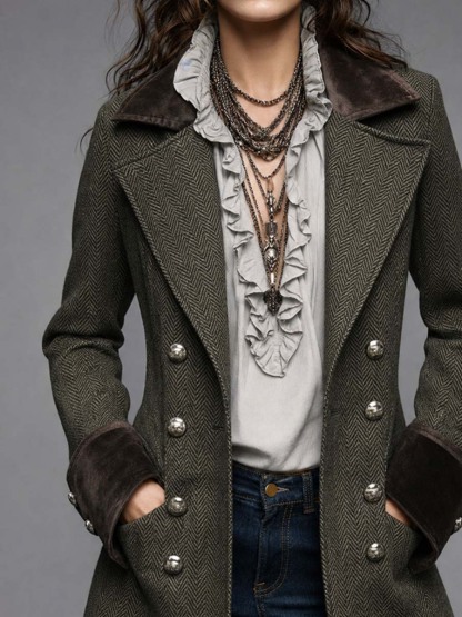 Emberly Herringbone Military Coat - Olive