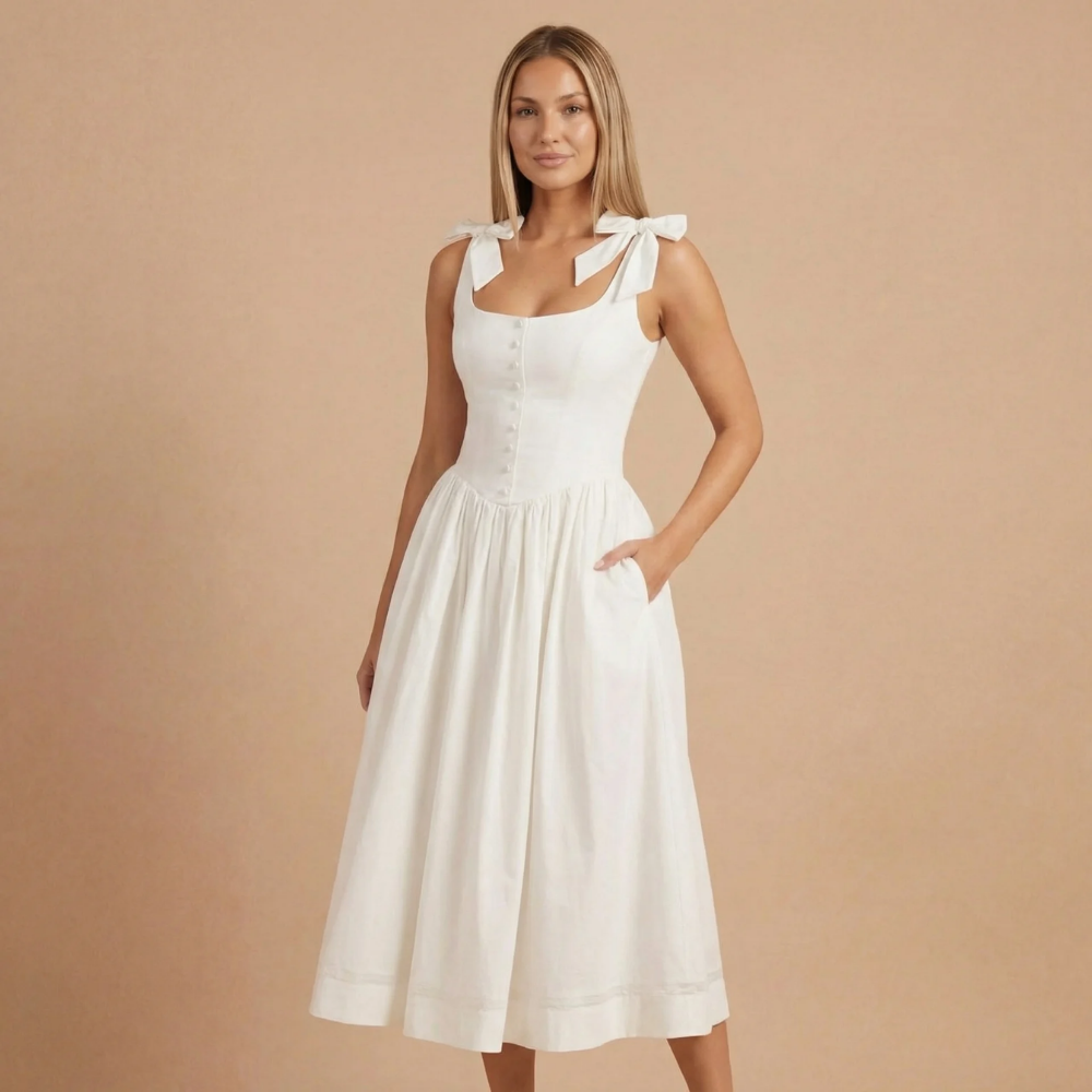 Ivory midi dress with square neckline and shoulder-tie bows for women