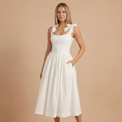 Ivory midi dress with square neckline and shoulder-tie bows for women
