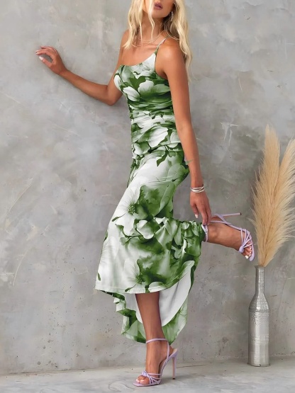 Side profile green floral ruched maxi dress asymmetrical hem