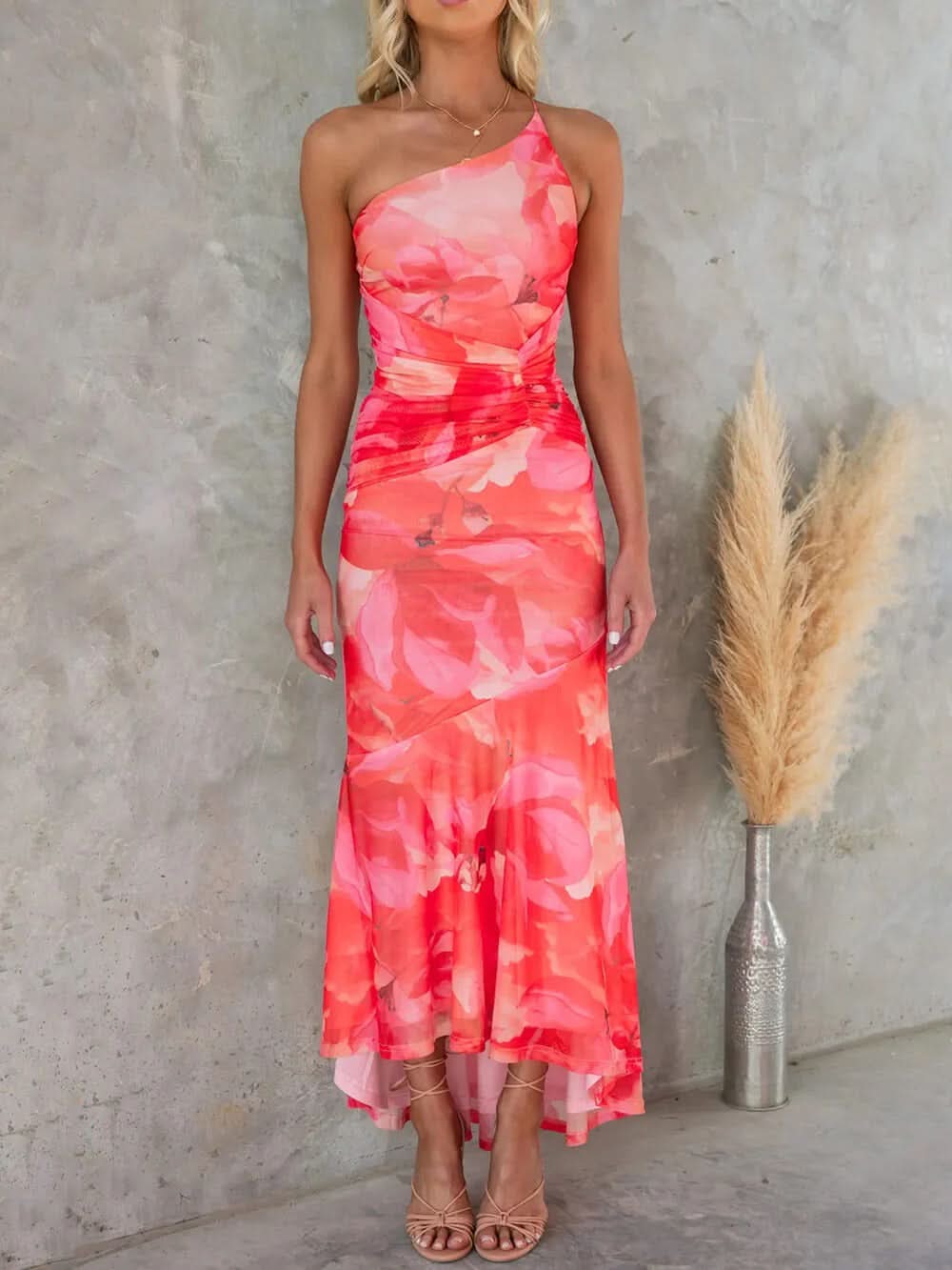 Red and pink floral ruched maxi dress one-shoulder style, full length front