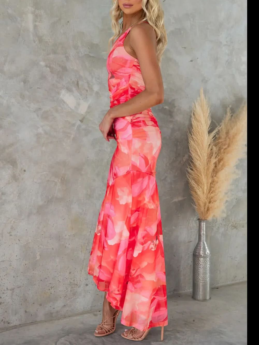 Coral red floral ruched maxi dress side view showing ruching detail
