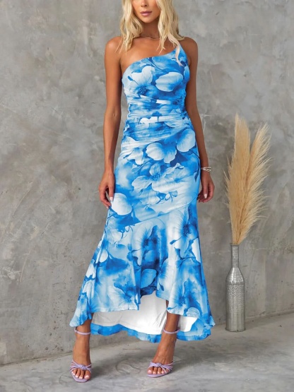Blue and white floral ruched maxi dress one-shoulder neckline, front view