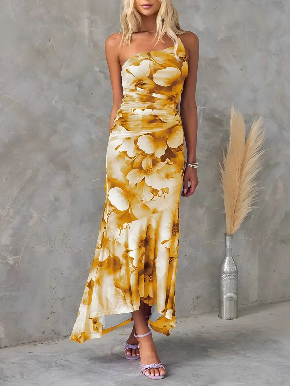 Golden yellow white floral strapless maxi dress ruched detail