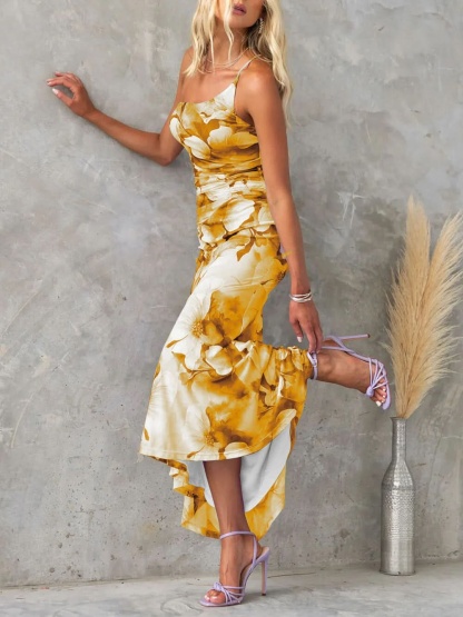 Side angle golden yellow floral ruched maxi dress asymmetrical