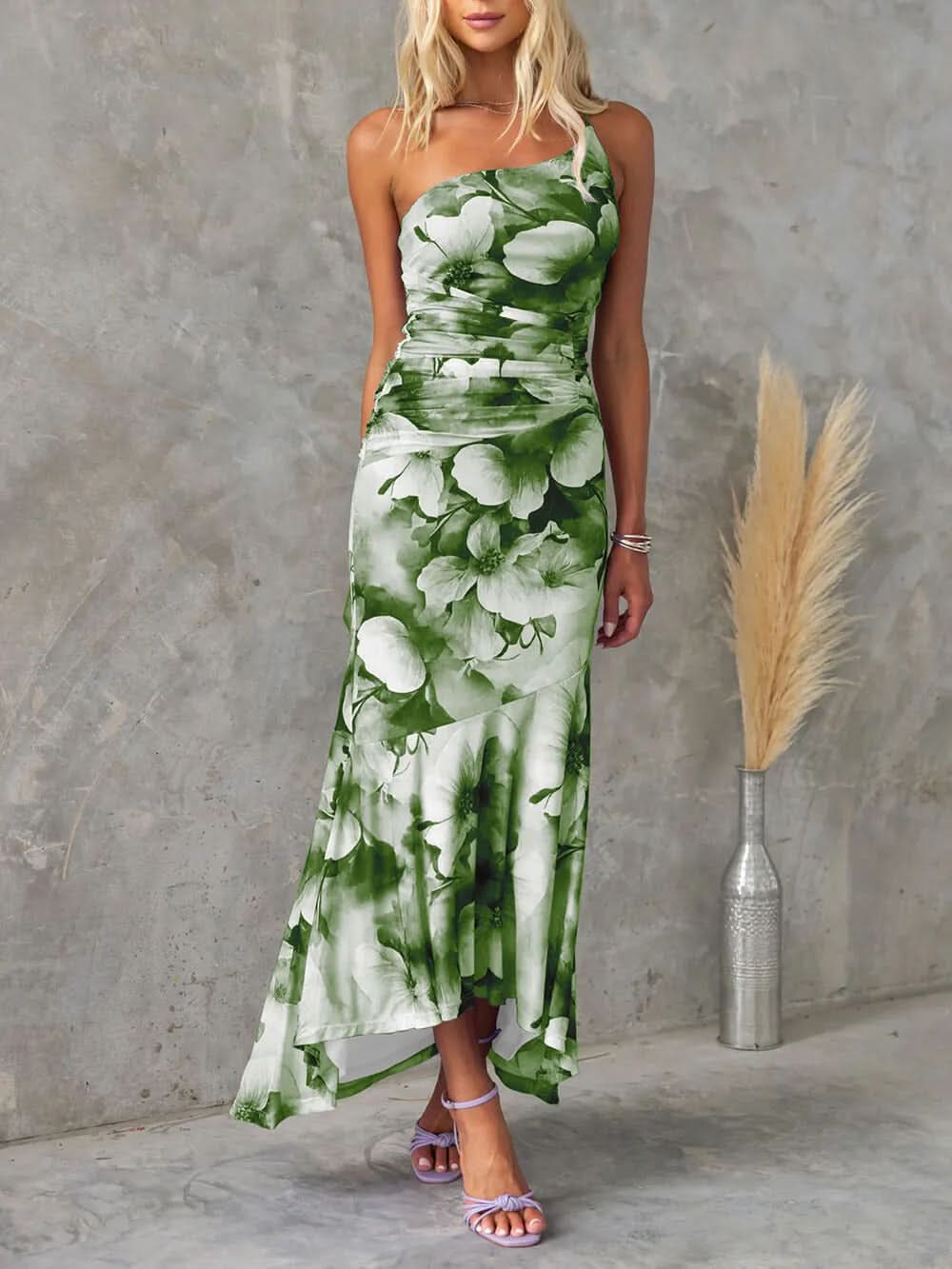 Green white floral strapless maxi dress with ruched bodice