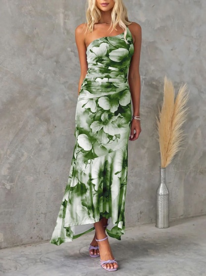 Green white floral strapless maxi dress with ruched bodice