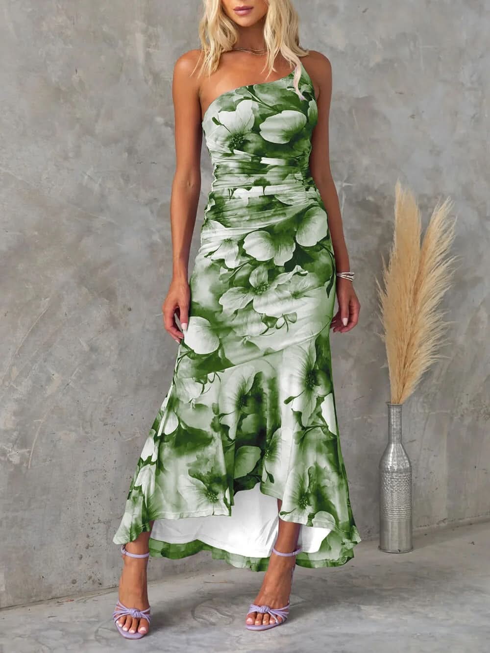 Front view green white floral ruched maxi dress fitted waist