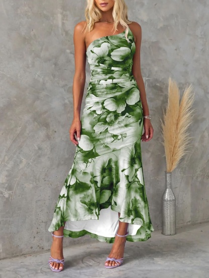 Front view green white floral ruched maxi dress fitted waist