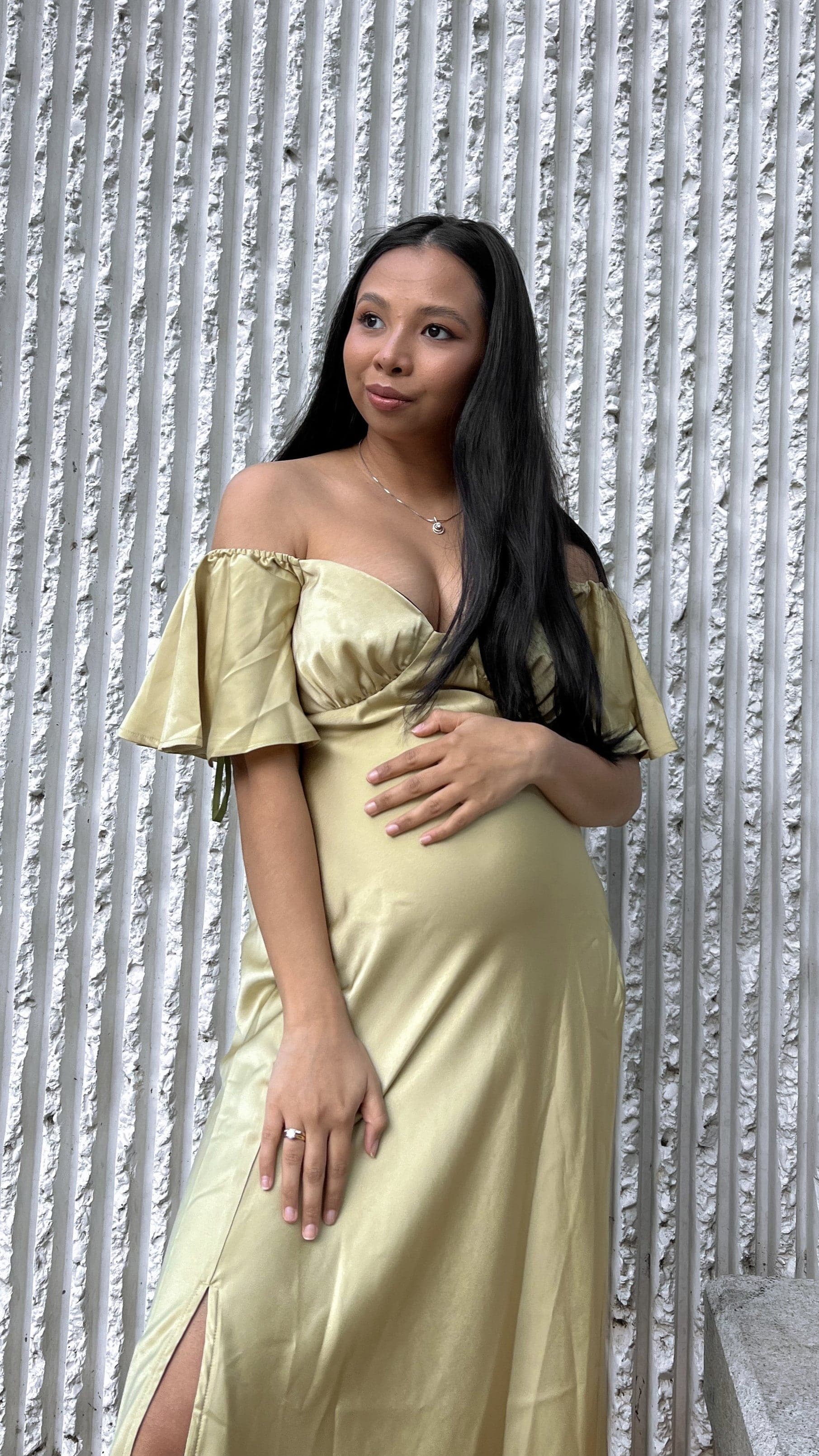 Pale yellow off-shoulder midi dress with flutter ruffle sleeves