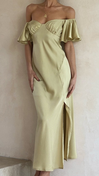 Cream off-shoulder midi dress with voluminous ruffle sleeves and wrap-style bodice