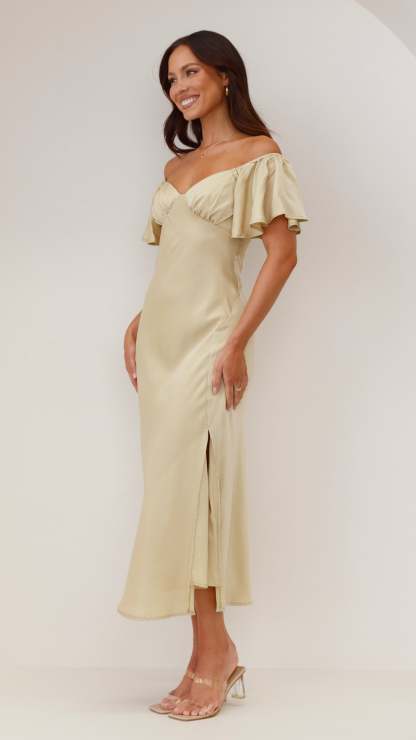 Cream off-shoulder ruffle midi dress with voluminous sleeves and side slit detail
