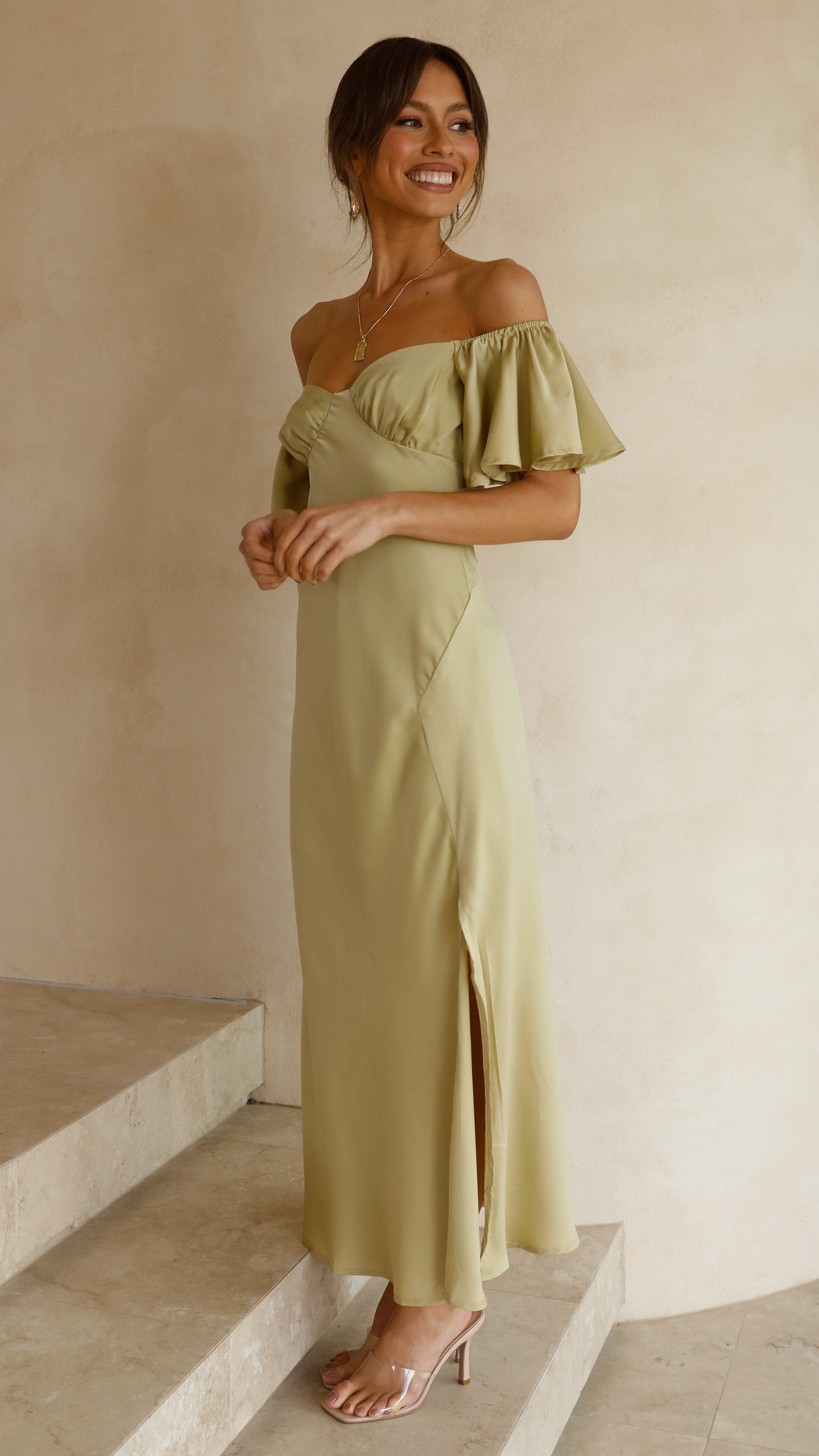 Soft yellow off-shoulder midi dress with ruffled short sleeves and fitted bodice