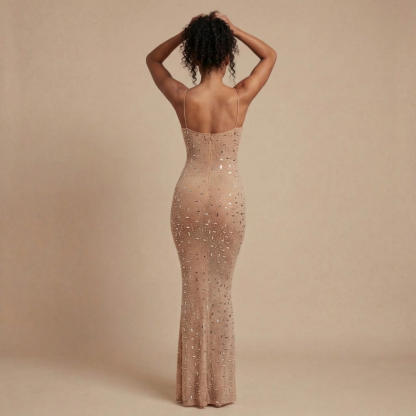 Back view of champagne sequin maxi dress showing open back and center-back zipper