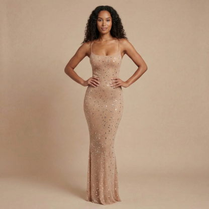Champagne sequin maxi dress with square neckline and spaghetti straps for women