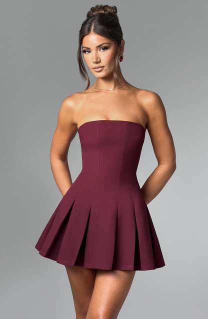 Esme Flared Strapless Mini Dress - Cherry