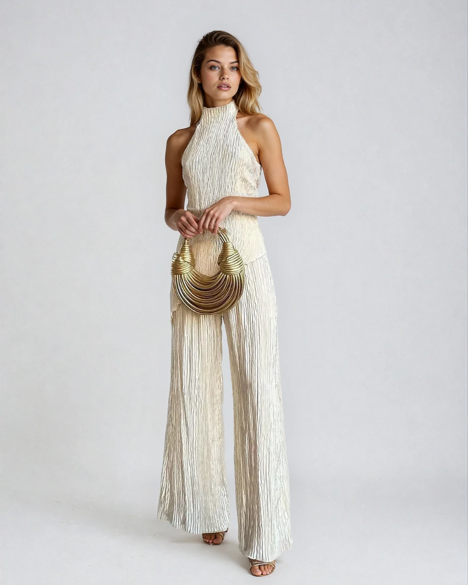 Cream pleated halter neck pants set with wide-leg trousers and open back top for women