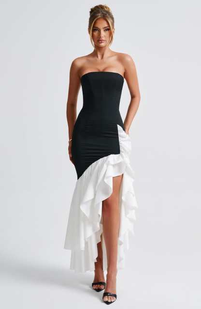 Esperanza Ruffle Maxi Dress - Black and White