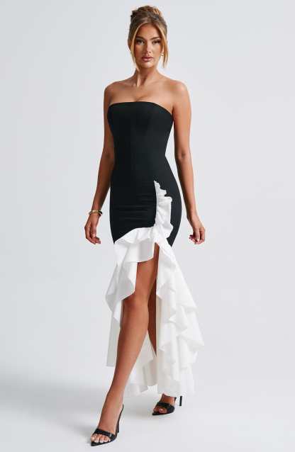 Esperanza Ruffle Maxi Dress - Black and White