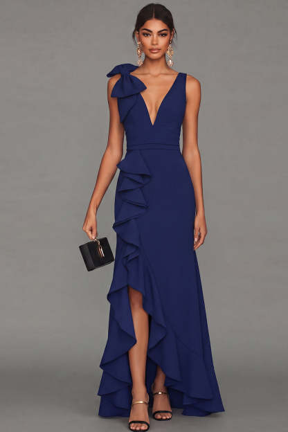 Estrella Bow Ruffle Maxi Dress - Dark Navy