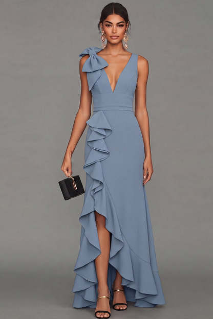 Estrella Bow Ruffle Maxi Dress - Dusty Blue