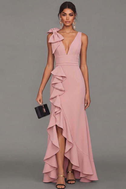 Estrella Bow Ruffle Maxi Dress - Dusty Rose