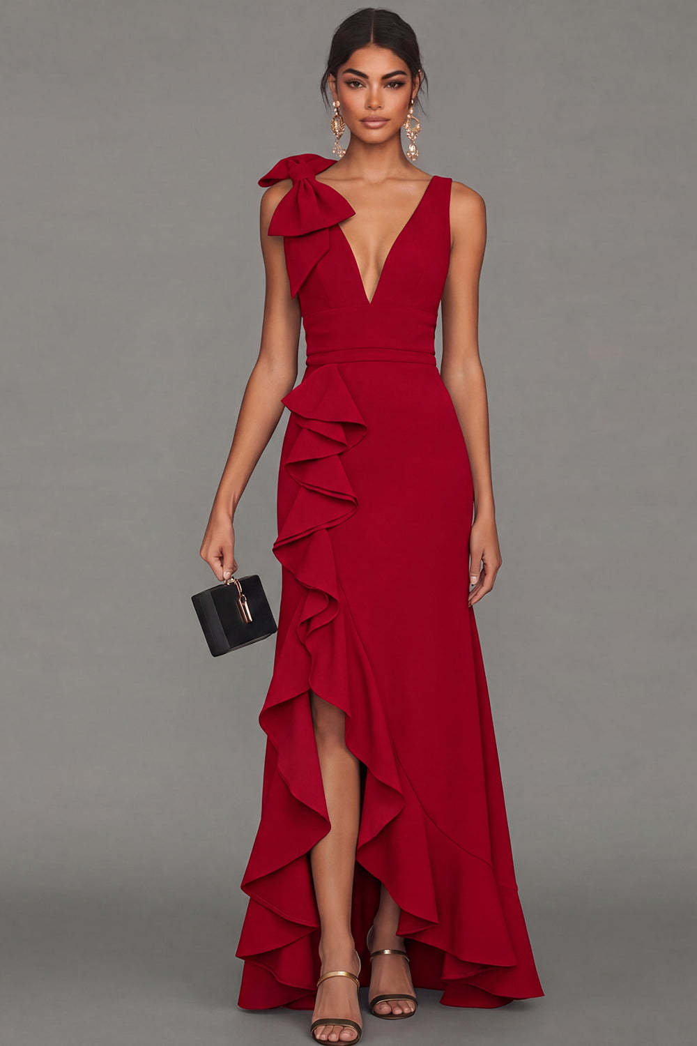 Estrella Bow Ruffle Maxi Dress - Red